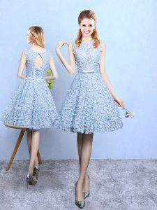 Luxurious Light Blue Vestidos de Damas Prom and Party and Wedding Party with Belt Scoop Sleeveless Lace Up