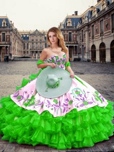 Fantastic Green Ball Gowns Embroidery and Ruffled Layers Sweet 16 Dress Lace Up Organza Sleeveless Floor Length