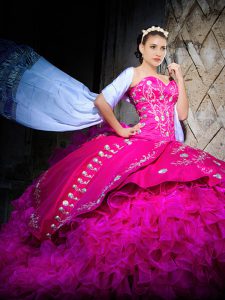Lovely Fuchsia Sweet 16 Dresses Organza Brush Train Sleeveless Embroidery and Ruffles