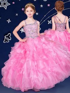 Rose Pink Zipper Child Pageant Dress Beading and Ruffles Sleeveless Floor Length