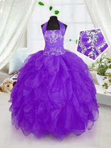 Halter Top Purple Ball Gowns Appliques and Ruffles Girls Pageant Dresses Lace Up Organza Sleeveless Floor Length