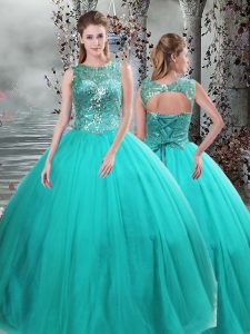 Sumptuous Turquoise Scoop Lace Up Beading Quinceanera Dresses Sleeveless