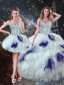 Sleeveless Floor Length Beading and Ruffled Layers and Sequins Lace Up Ball Gown Prom Dress with Multi-color