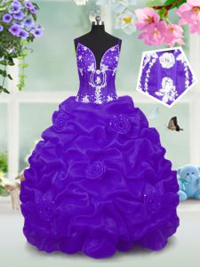 Perfect Purple Ball Gowns V-neck Sleeveless Taffeta Floor Length Lace Up Beading and Pick Ups Pageant Gowns For Girls