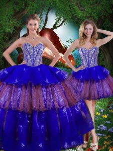 High Quality Sweetheart Sleeveless Sweet 16 Dress Floor Length Beading and Ruffled Layers and Sequins Multi-color Organza