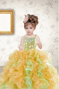 Multi-color Spaghetti Straps Lace Up Beading and Ruffles and Sequins Little Girls Pageant Gowns Sleeveless