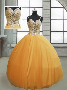 Gold Ball Gowns Tulle Spaghetti Straps Sleeveless Beading Floor Length Lace Up Quinceanera Gown