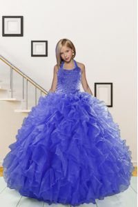 Halter Top Sleeveless Lace Up Girls Pageant Dresses Blue Organza