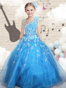 Fashionable Asymmetric Sleeveless Tulle Little Girl Pageant Gowns Appliques Lace Up