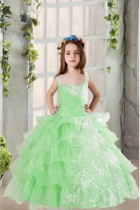 Latest Apple Green Organza Lace Up Girls Pageant Dresses Sleeveless Floor Length Lace and Ruffled Layers