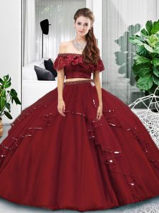 Sweet Floor Length Lace Up Quinceanera Dress Burgundy for Military Ball and Sweet 16 and Quinceanera with Lace and Ruffles