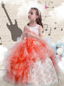 Unique Scoop Watermelon Red Sleeveless Beading and Ruffles Floor Length Child Pageant Dress