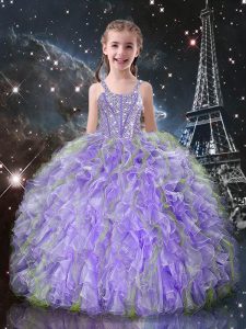 Latest Floor Length Lilac Little Girl Pageant Gowns Straps Sleeveless Lace Up