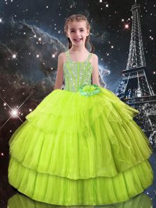 Excellent Ball Gowns Kids Pageant Dress Yellow Green Straps Tulle Sleeveless Floor Length Lace Up