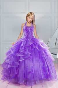 Great Floor Length Lavender Little Girl Pageant Gowns Halter Top Sleeveless Lace Up