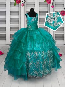 Beauteous Sleeveless Floor Length Appliques and Ruffled Layers Lace Up Little Girls Pageant Dress Wholesale with Turquoise