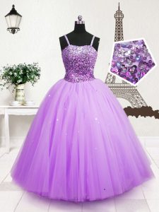 Fancy Sequins Floor Length Ball Gowns Sleeveless Lavender Kids Pageant Dress Zipper
