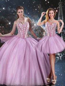 Flirting Lilac Ball Gowns Beading Sweet 16 Dress Lace Up Tulle Sleeveless Floor Length