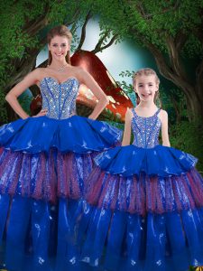 Low Price Blue Sweetheart Neckline Beading and Ruffled Layers Ball Gown Prom Dress Sleeveless Lace Up