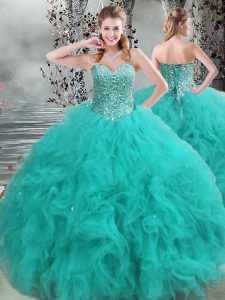 Adorable Ball Gowns Quinceanera Dress Turquoise Sweetheart Organza Sleeveless Floor Length Lace Up