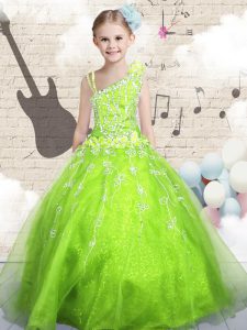 Floor Length Apple Green Kids Pageant Dress Asymmetric Sleeveless Lace Up