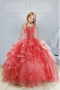 Floor Length Red Little Girls Pageant Gowns Halter Top Sleeveless Lace Up