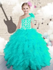 Simple One Shoulder Floor Length Aqua Blue Little Girls Pageant Dress Wholesale Organza Sleeveless Embroidery and Ruffles and Hand Made Flower