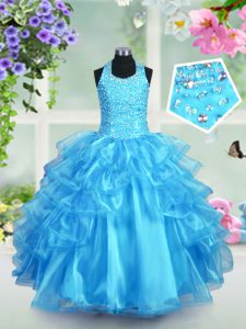Pretty Halter Top Ruffled Floor Length Ball Gowns Sleeveless Aqua Blue Child Pageant Dress Lace Up