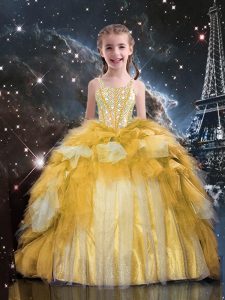 Best Gold Ball Gowns Tulle Spaghetti Straps Sleeveless Beading and Ruffled Layers Floor Length Lace Up Little Girl Pageant Dress