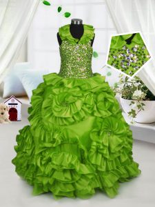 Halter Top Olive Green Ball Gowns Beading and Ruffles Little Girls Pageant Dress Zipper Taffeta Sleeveless Floor Length