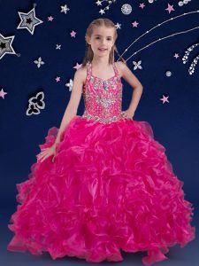 Halter Top Fuchsia Sleeveless Floor Length Beading and Ruffles Lace Up Girls Pageant Dresses