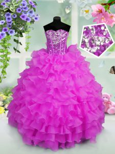 Adorable Lilac Ball Gowns Sweetheart Sleeveless Organza Floor Length Lace Up Ruffled Layers and Sequins Little Girl Pageant Gowns