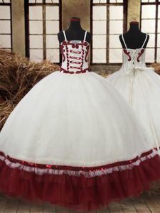 White and Wine Red Lace Up Straps Beading Little Girls Pageant Dress Wholesale Satin and Organza Sleeveless