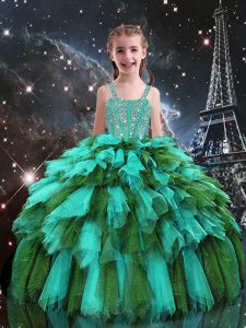 Attractive Sleeveless Tulle Floor Length Lace Up Pageant Gowns For Girls in Turquoise with Beading and Ruffles