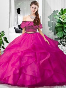 Sweet Hot Pink Tulle Lace Up Quinceanera Dress Sleeveless Floor Length Lace and Ruffles
