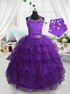 Discount Scoop Ruffled Purple Sleeveless Organza Lace Up Kids Formal Wear for Party and Wedding Party