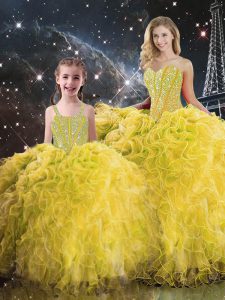 Charming Yellow Quinceanera Dresses Military Ball and Sweet 16 and Quinceanera with Beading and Ruffles Sweetheart Sleeveless Lace Up