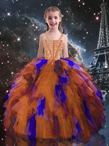 Tulle Sleeveless Floor Length Kids Pageant Dress and Beading and Ruffles
