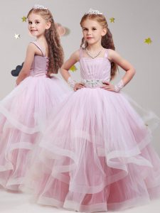 Latest Straps Sleeveless Tulle Floor Length Lace Up Little Girls Pageant Dress Wholesale in Baby Pink with Beading and Ruffles