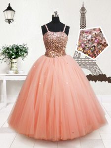 Straps Sleeveless Floor Length Beading and Sequins Zipper Pageant Gowns For Girls with Peach