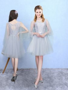 Silver Empire Tulle Square Half Sleeves Lace Knee Length Lace Up Quinceanera Court Dresses