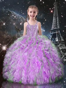 Lilac Ball Gowns Beading and Ruffles Little Girl Pageant Dress Lace Up Organza Sleeveless Floor Length