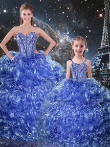 Best Blue Sleeveless Beading and Ruffles Floor Length Quinceanera Gown