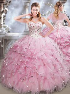 Floor Length Baby Pink Quince Ball Gowns Sweetheart Sleeveless Lace Up