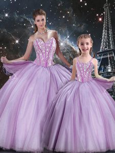 Latest Sweetheart Sleeveless Lace Up Quince Ball Gowns Lavender Tulle