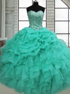 Turquoise Ball Gowns Sweetheart Sleeveless Organza Floor Length Lace Up Beading and Ruffles and Pick Ups Ball Gown Prom Dress
