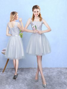 Silver Tulle Lace Up Quinceanera Court of Honor Dress Sleeveless Knee Length Lace