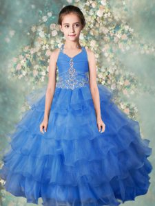 Halter Top Baby Blue Sleeveless Floor Length Beading and Ruffled Layers Zipper Pageant Gowns For Girls