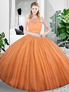 Orange Scoop Zipper Lace and Ruching Quinceanera Gowns Sleeveless