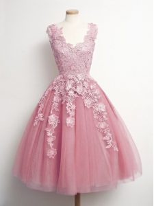 Knee Length Pink Court Dresses for Sweet 16 Tulle Sleeveless Appliques